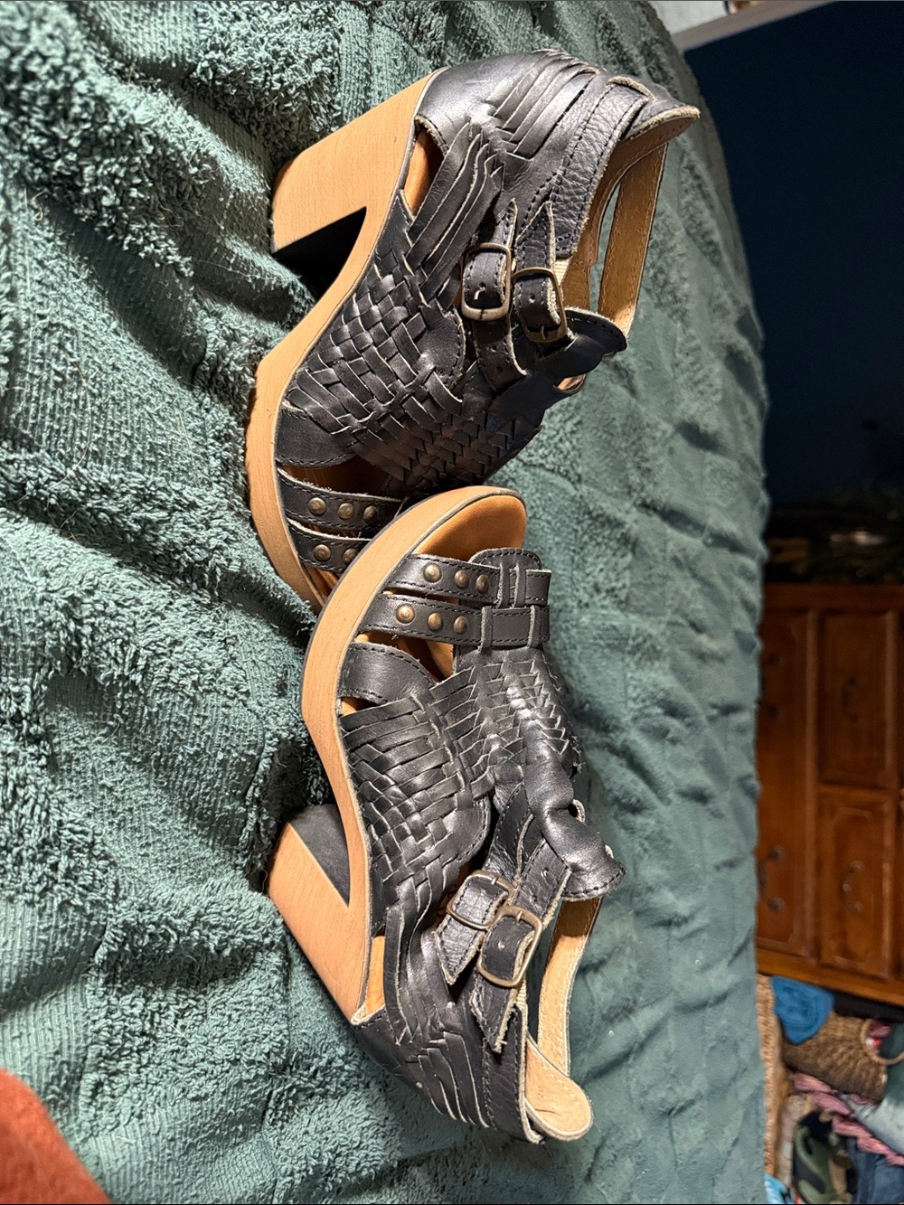 Woven Leather Black Platform Mules with Buckle Straps